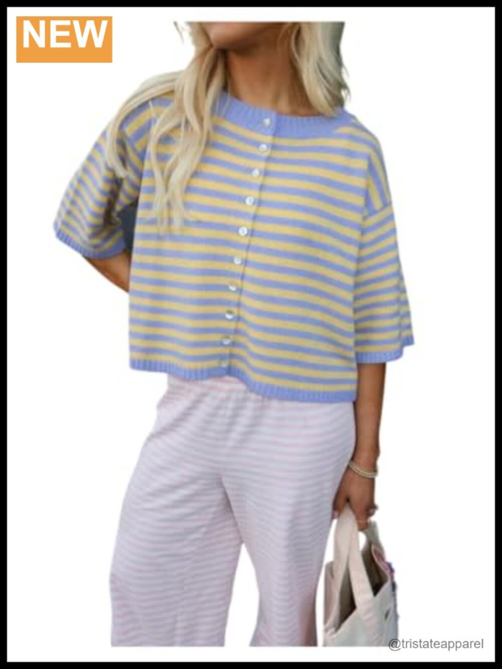 Striped Cardigan Sweater Button Down Half Sleeve Knit Top